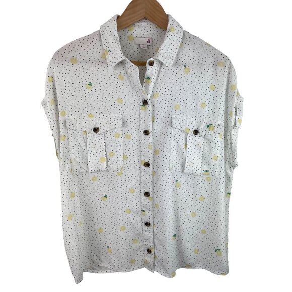 SO Womens Size Large White w/Black Polka Dots & Lemons Button Up Shirt - Picture 1 of 11